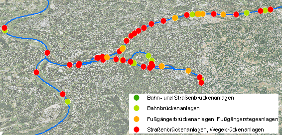 Die Anwendung der Datenbank WADABA auf das Gewässernetz liefert diese Karte der Überführungen an Rhein und Ruhr.