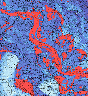 Die Berechnung der Flurabstände ohne Berücksichtigung der Gewässerspiegelhöhen führte zu negativen Werten (orange), wie hier am Beipiel im Bereich Xanten/Rees.