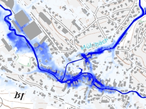 Mit HYDRO_AS-2D berechnete Wassertiefen