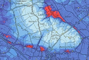 Scheinbar negativer Flurabstand (orange) in Bereichen mit Geländeanstieg