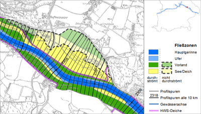 Fließzonen und Profilspuren des SOBEK-RIVER-Modells für die Donau