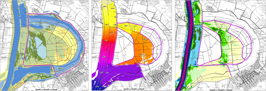 Die kleinen Karten des Polders stellen einige Ergebnisse von Variantenrechnungen dar: Überflutungsdauern, Wasserspiegellagen und Überflutungstiefen.