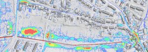 Mit dem 2D-Screening-Modell berechnet Hydrotec Fließwege und -tiefen. Gefährdete Bereiche werden so erkennbar.