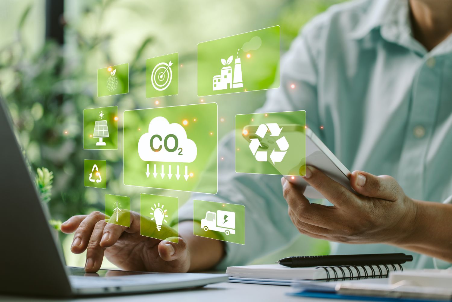 Finance manager implemented digital technology to monitor CO2 emissions, reducing risk and promoting sustainable energy practices for an eco-friendly future. sustainable, energy, co2, technology.