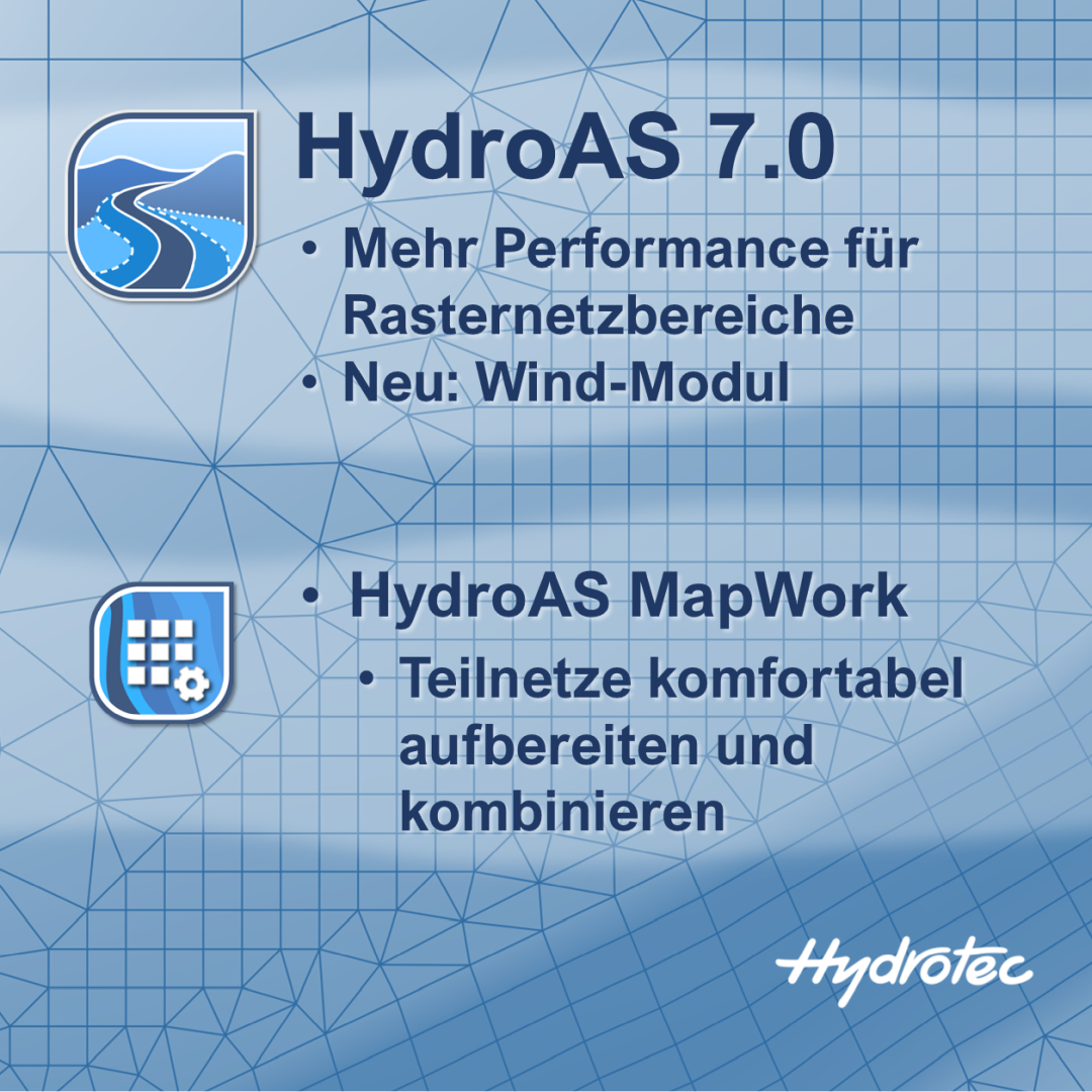 HydroAS 7.0 - Mehr Performance für Rasternetzbereiche, Neu: Wind-Modul, HydroAS MapWork: Teilnetze komfortabel aufbereiten und kombinieren.