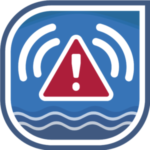 HydroWarn Logo, Wasserwellen. rotes Dreieck, Schallwellen